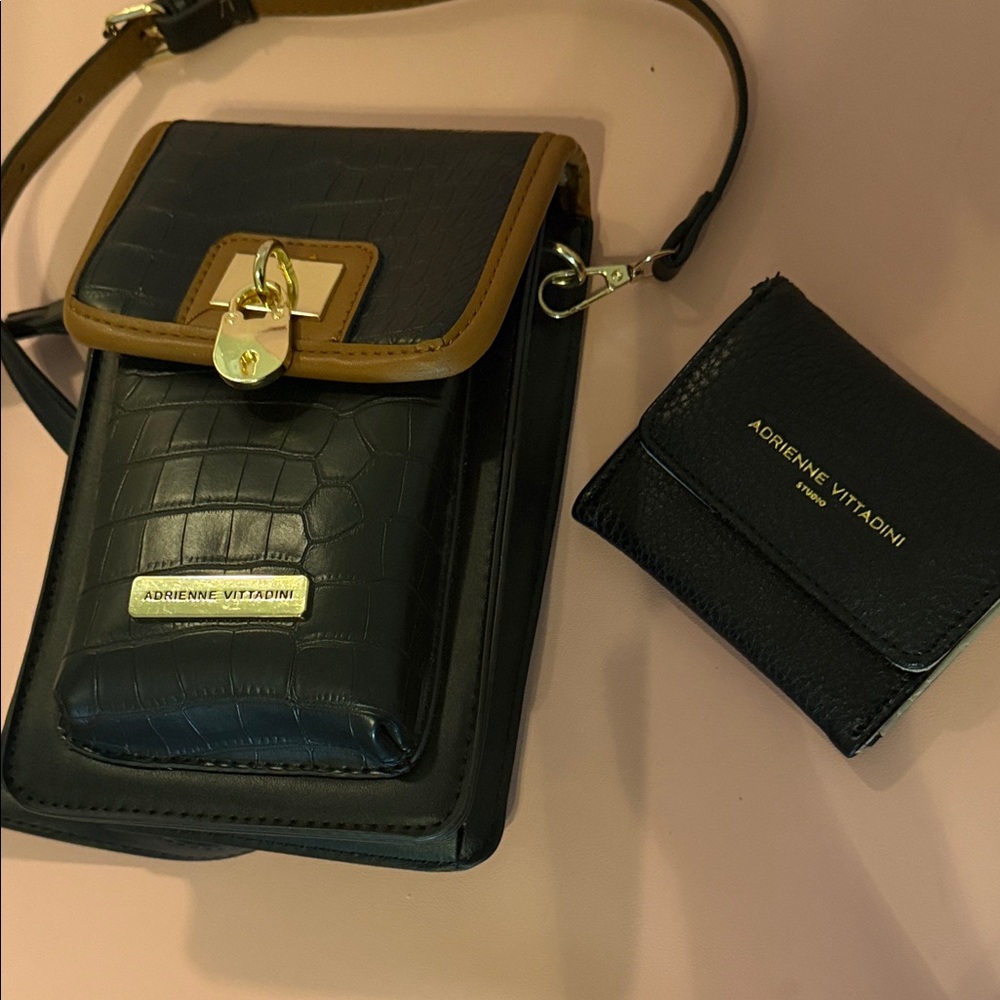 Adrienne Vittadini Elegant Black and Tan Crossbody Bag with wallet